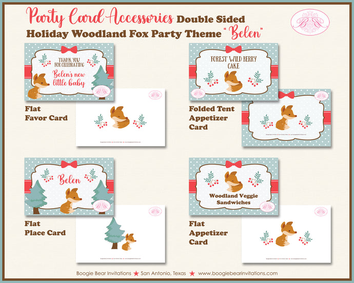 Woodland Holiday Fox Party Favor Card Tent Place Food Baby Shower Winter Christmas Boogie Bear Invitations Belen Theme