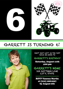 Green ATV Photo Birthday Party Invitation 4 Wheeler Boogie Bear Invitations Garrett Theme Paperless Printable Printed