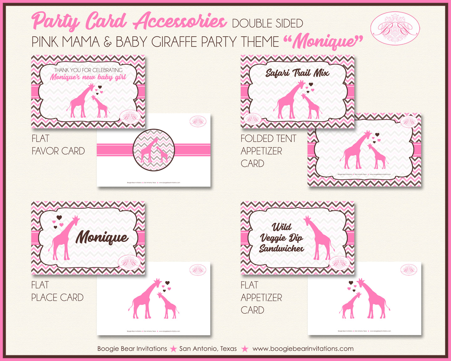 Pink Giraffe Baby Shower Favor Card Tent Place Appetizer Girl Boogie Bear Invitations Monique Theme Printed