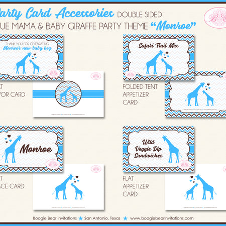 Blue Giraffe Baby Shower Favor Card Tent Place Appetizer Boy Boogie Bear Invitations Monroe Theme Printed