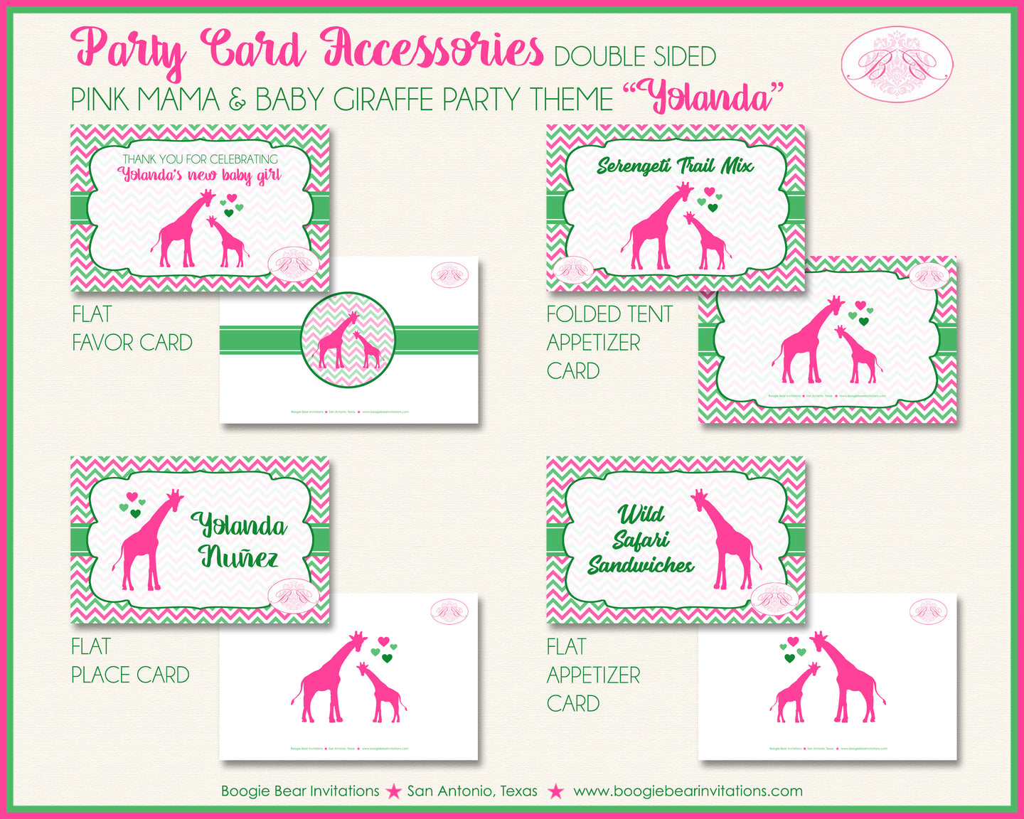 Pink Giraffe Baby Shower Favor Card Tent Place Appetizer Food Sign Label Tag Girl Boogie Bear Invitations Yolanda Theme Printed