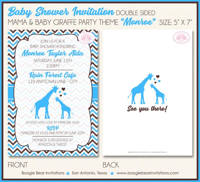 Blue Giraffe Boy Baby Shower Invitation Party Boogie Bear Invitations Monroe Theme Paperless Printable Printed