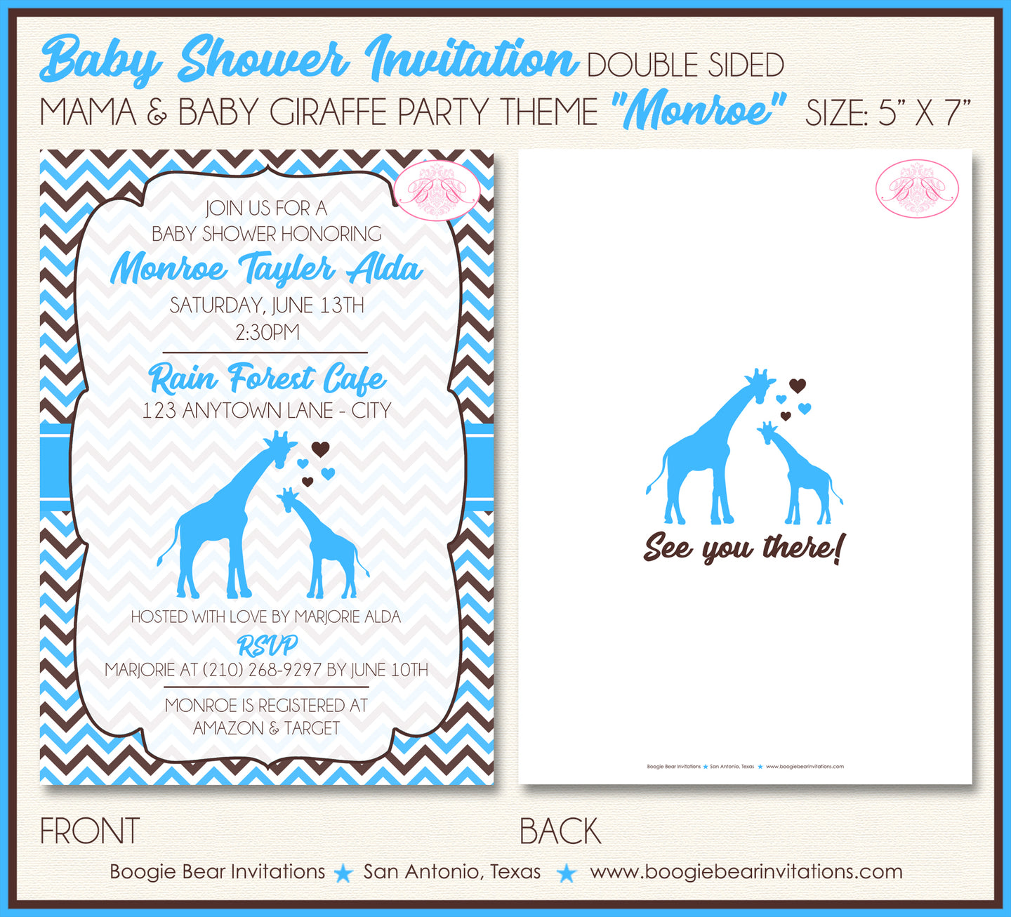 Blue Giraffe Boy Baby Shower Invitation Party Boogie Bear Invitations Monroe Theme Paperless Printable Printed