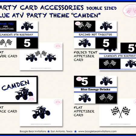 Blue ATV Birthday Party Favor Card Tent Appetizer Place Quad 4 Wheeler Boogie Bear Invitations Camden Theme