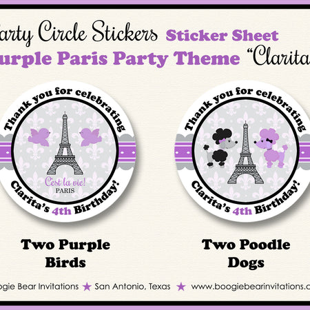 Purple Paris Party Stickers Circle Sheet Round Tag France French Boogie Bear Invitations Clarita Theme
