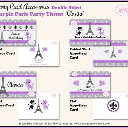 Purple Paris Birthday Favor Party Card Tent Place Food Tag France French Boogie Bear Invitations Clarita Theme