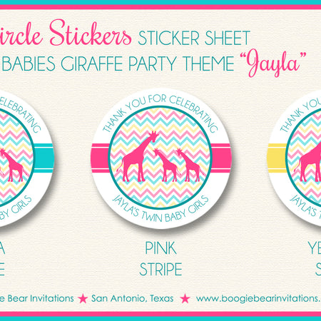 Pink Twin Giraffe Baby Shower Party Stickers Circle Sheet Round Tag Aqua Boogie Bear Invitations Jayla Theme