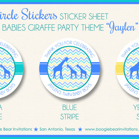 Blue Twin Giraffe Baby Shower Party Stickers Circle Sheet Round Tag Aqua Boogie Bear Invitations Jaylen Theme
