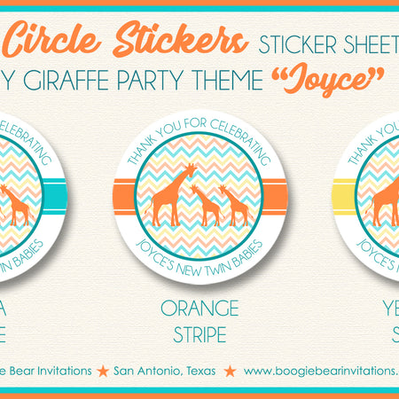 Twin Giraffe Baby Shower Party Stickers Circle Orange Aqua Boogie Bear Invitations Joyce Theme