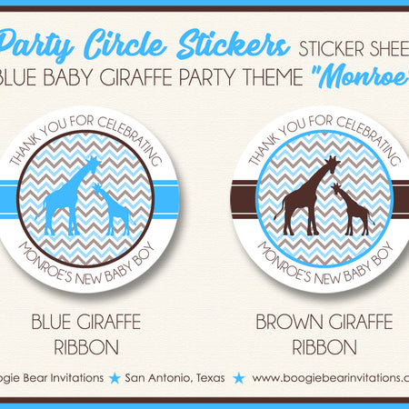 Blue Giraffe Baby Shower Party Stickers Boy Boogie Bear Invitations Monroe Theme