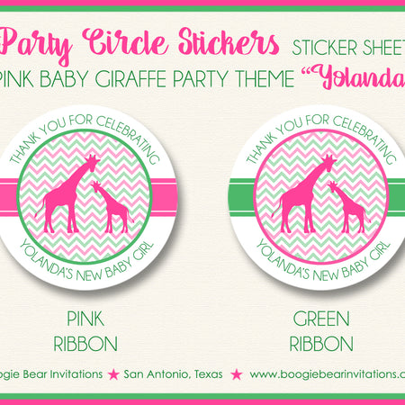 Pink Green Giraffe Baby Shower Party Stickers Circle Girl Boogie Bear Invitations Yolanda Theme