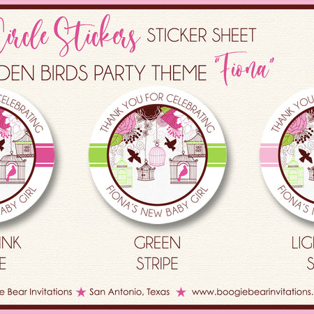 Pink Garden Birds Party Stickers Circle Baby Shower Boogie Bear Invitations Fiona Theme