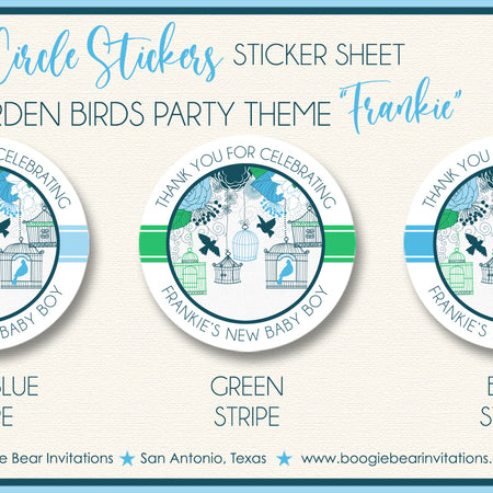Blue Garden Birds Party Stickers Circle Baby Shower Boogie Bear Invitations Frankie Theme