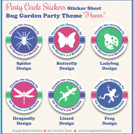 Pink Bug Garden Birthday Party Stickers Circle Sheet Tag Rain Forest Boogie Bear Invitations Haven Theme