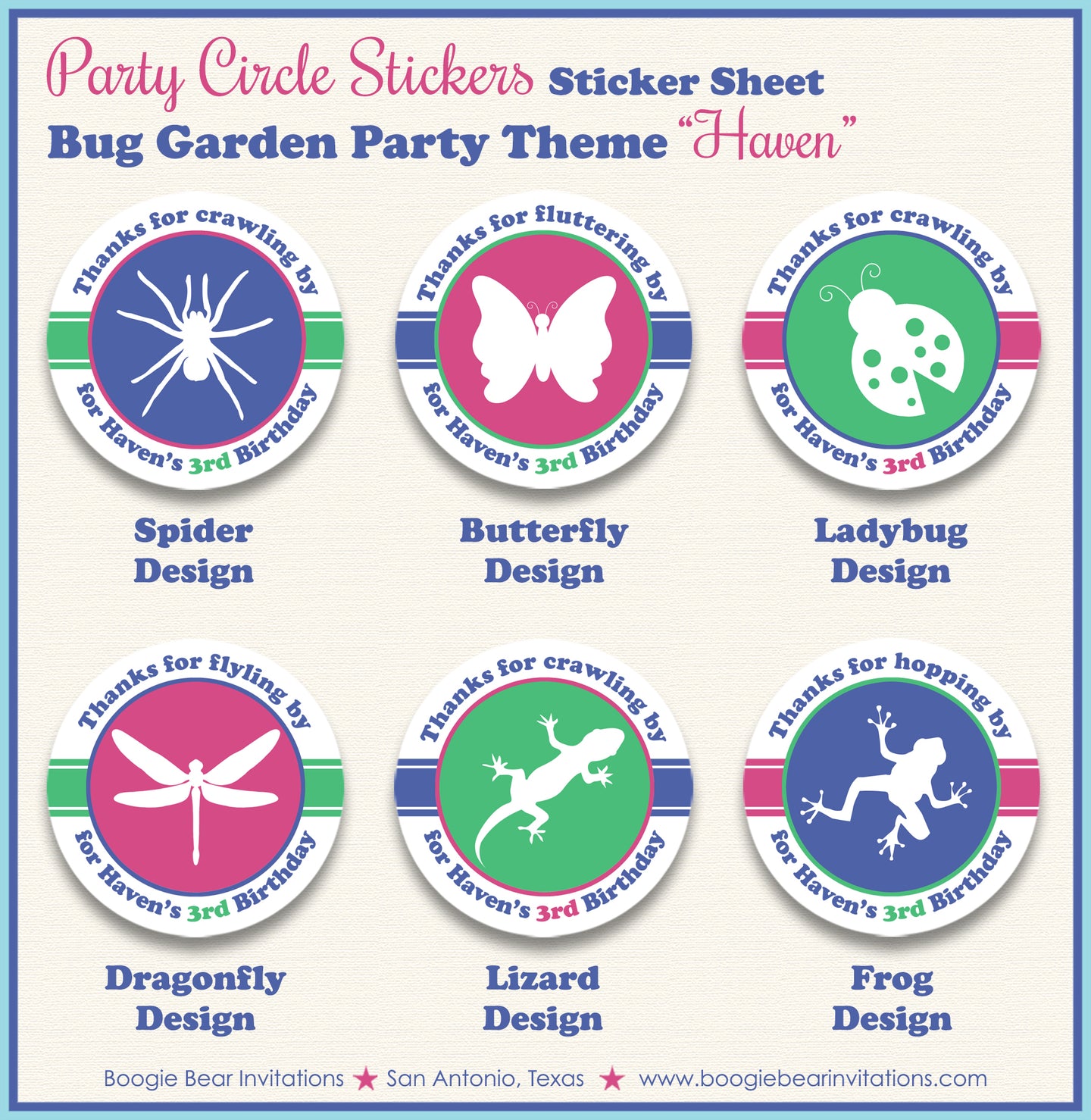 Pink Bug Garden Birthday Party Stickers Circle Sheet Tag Rain Forest Boogie Bear Invitations Haven Theme