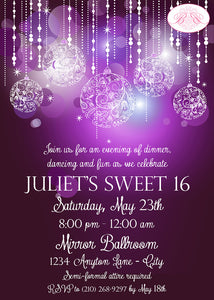 Purple Glowing Ornaments Birthday Party Invitation Violet Boogie Bear Invitations Juliet Theme Paperless Printable Printed