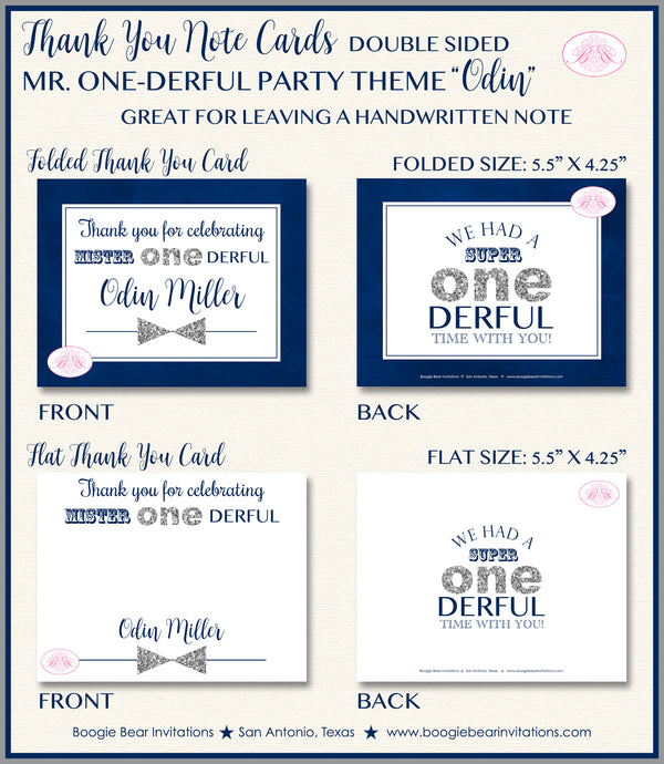 Mr. Wonderful Party Thank You Card Birthday Boy Navy Blue Silver ONE Onederful Boogie Bear Invitations Odin Theme Printed