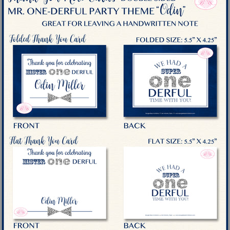 Mr. Wonderful Party Thank You Card Birthday Boy Navy Blue Silver ONE Onederful Boogie Bear Invitations Odin Theme Printed