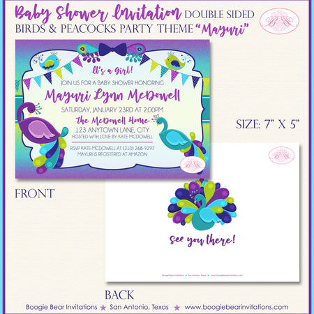Peacock Bird Baby Shower Invitation Purple Party Birds Boogie Bear Invitations Mayuri Theme Paperless Printable Printed