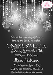 Black White Glowing Ornaments Birthday Party Invitation Sweet 16 Boogie Bear Invitations Onyx Theme Paperless Printable Printed