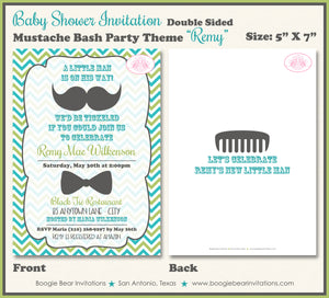 Mustache Bash Baby Shower Invitation Green Blue Boogie Bear Invitations Remy Theme Paperless Printable Printed