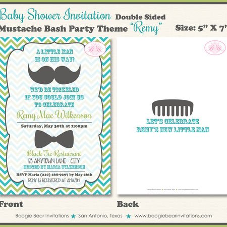 Mustache Bash Baby Shower Invitation Green Blue Boogie Bear Invitations Remy Theme Paperless Printable Printed