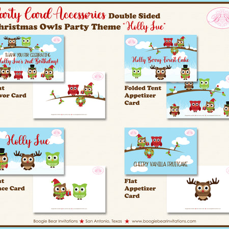 Christmas Owls Birthday Party Favor Card Tent Place Sign Appetizer Boogie Bear Invitations Holly Sue Theme Printed