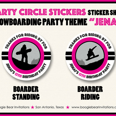 Snowboarding Birthday Party Stickers Circle Sheet Round Pink Snowboard Boogie Bear Invitations Jenai Theme
