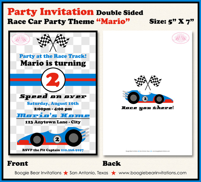 Race Car Birthday Party Invitation Red Blue Boy Girl Racing Checkered Flag Boogie Bear Invitations Mario Theme Paperless Printable Printed