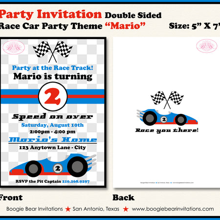 Race Car Birthday Party Invitation Red Blue Boy Girl Racing Checkered Flag Boogie Bear Invitations Mario Theme Paperless Printable Printed