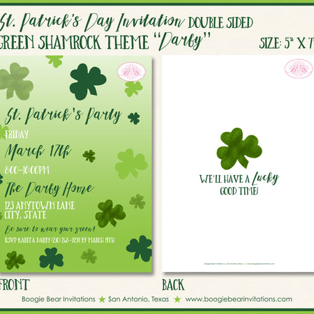 St. Patrick's Day Party Invitation Green Shamrock Boogie Bear Invitations Darby Theme Paperless Printable Printed