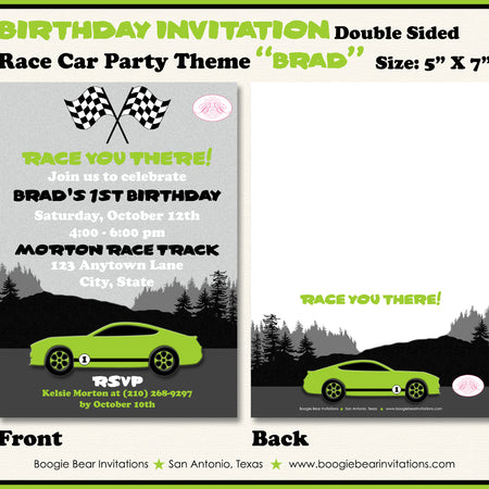 Green Race Car Birthday Party Invitation Boogie Bear Invitations Brad Theme Paperless Printable Printed