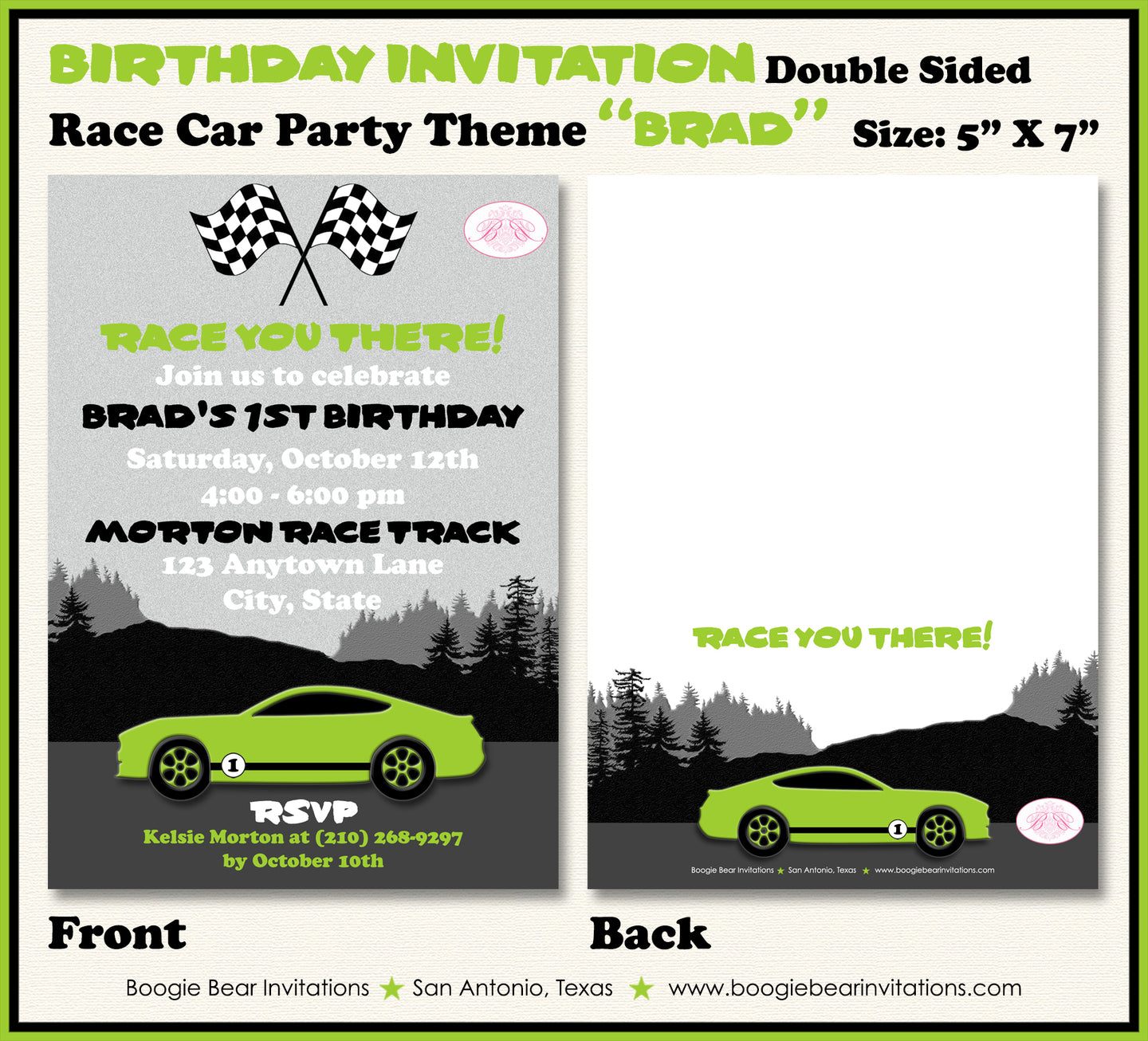 Green Race Car Birthday Party Invitation Lime Racing Boogie Bear Invitations Brad Theme Paperless Printable Printed