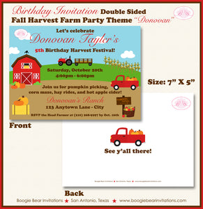 Fall Farm Birthday Party Invitation Barn Harvest Tractor Pumpkin Red Country Girl Boy Boogie Bear Donovan Theme Paperless Printable Printed