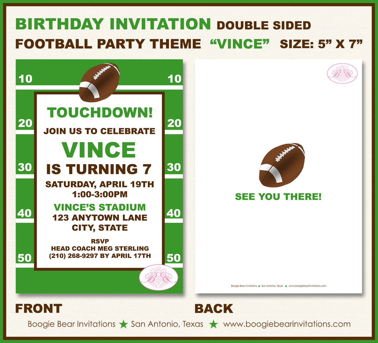 Football Team Birthday Party Invitation Foot Ball Game Boogie Bear Invitations Vince Theme Paperless Printable Printed