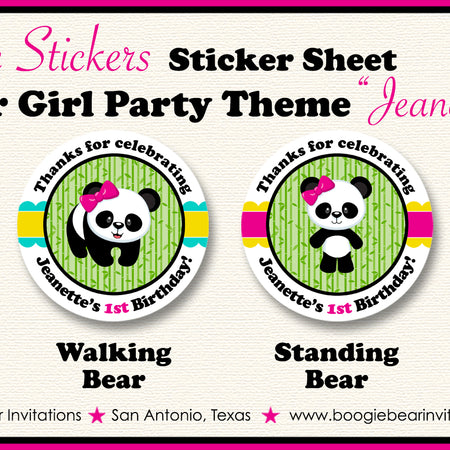 Panda Bear Birthday Party Circle Stickers Sheet Round Girl Pink Black Yellow Green Zoo Wild Animals Boogie Bear Invitations Jeanette Theme