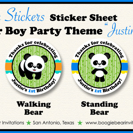 Panda Bear Birthday Party Circle Stickers Sheet Round Boy Blue Black Yellow Green Zoo Wild Animals Kids Boogie Bear Invitations Justin Theme