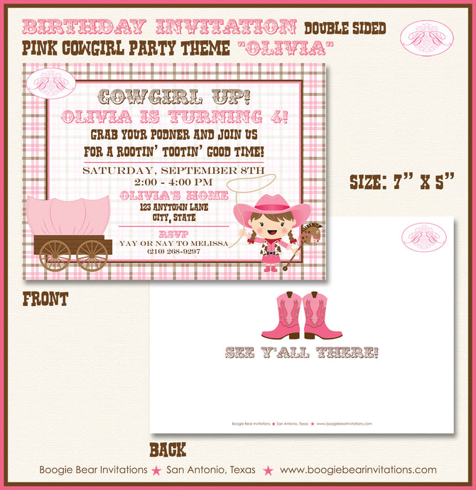 Pink Cowgirl Birthday Party Invitation Cow Girl Country Boogie Bear Invitations Olivia Theme Paperless Printable Printed