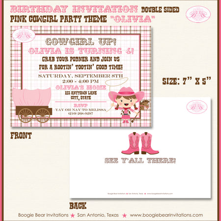 Pink Cowgirl Birthday Party Invitation Cow Girl Country Boogie Bear Invitations Olivia Theme Paperless Printable Printed
