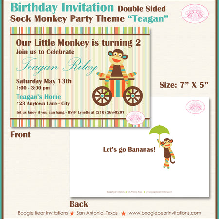 Sock Monkey Birthday Party Invitation Stripe Boogie Bear Invitations Teagan Theme Paperless Printable Printed