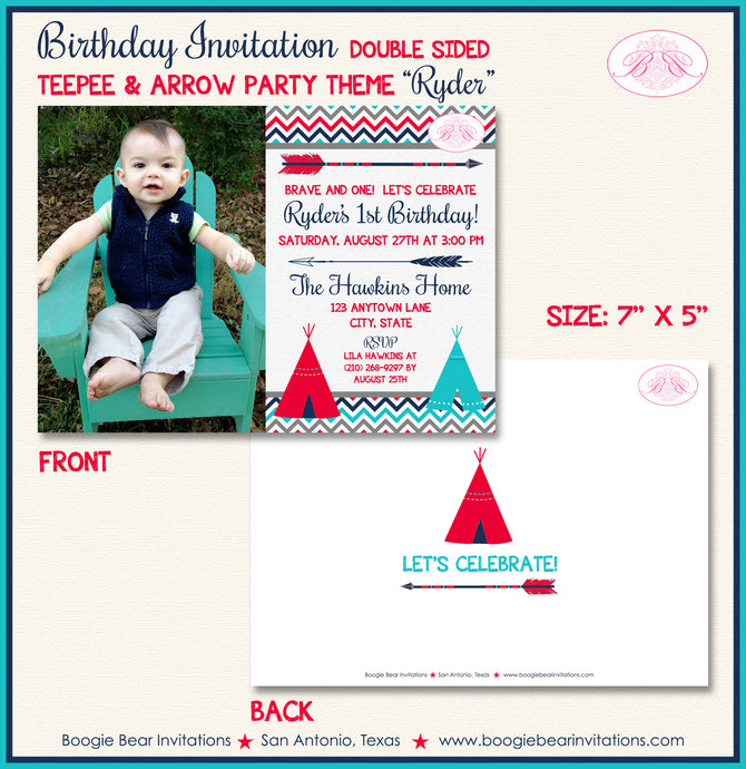 Teepee Arrow Birthday Party Invitation Photo Red Blue Boogie Bear Invitations Ryder Theme Paperless Printable Printed