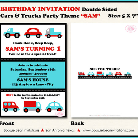 Cars Trucks Birthday Party Invitation Red Turquoise Boogie Bear Invitations Sam Theme Paperless Printable Printed
