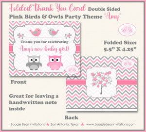 Pink Birds Owls Girl Thank You Card Baby Shower Party Girl Woodland Boogie Bear Invitations Amy Theme Printed