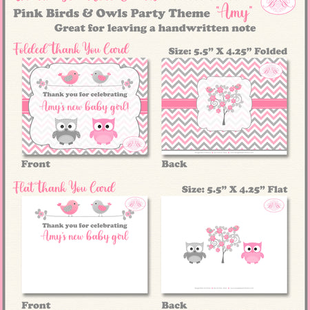 Pink Birds Owls Girl Thank You Card Baby Shower Party Girl Boogie Bear Invitations Amy Theme Printed