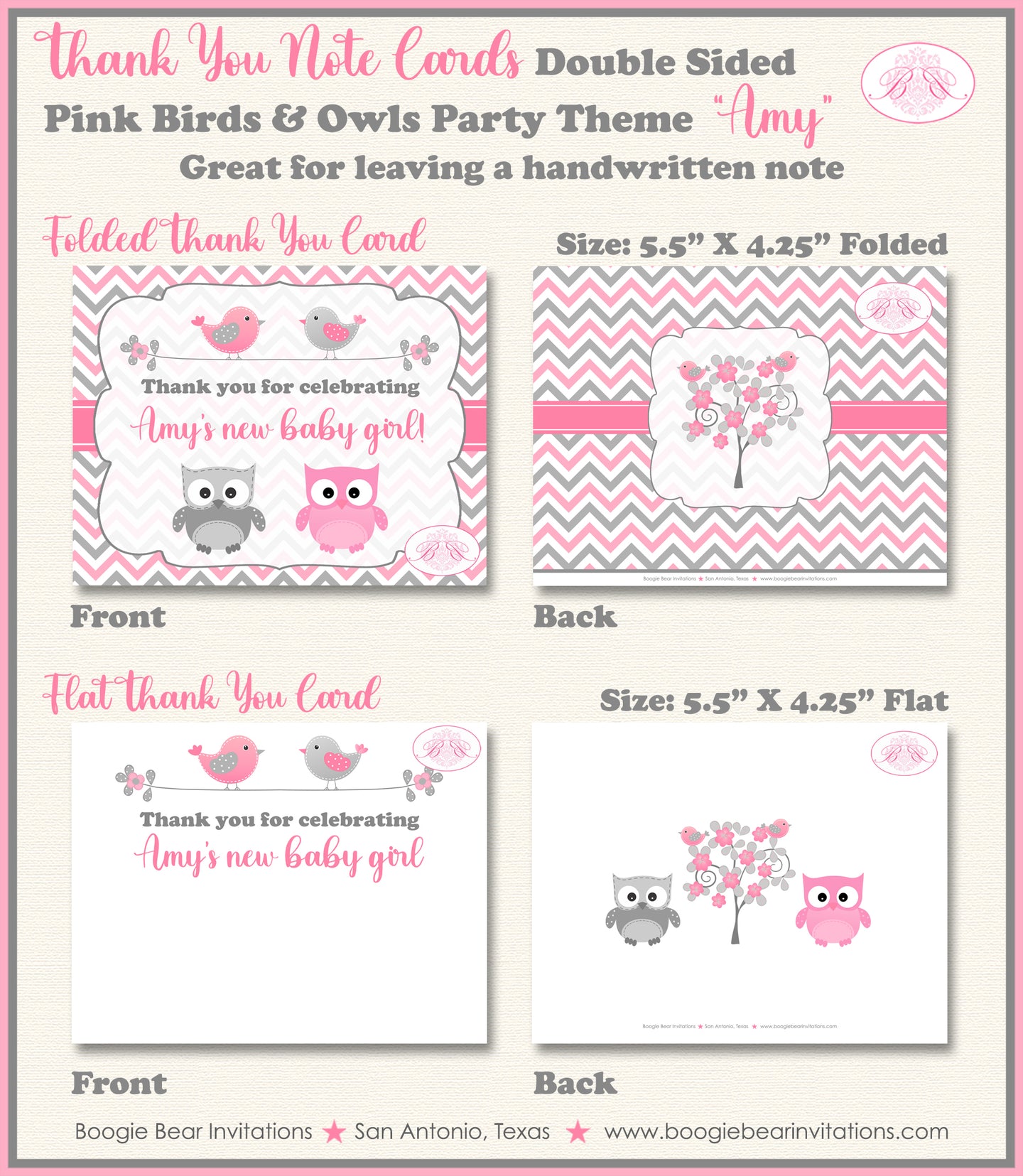 Pink Birds Owls Girl Thank You Card Baby Shower Party Girl Woodland Boogie Bear Invitations Amy Theme Printed