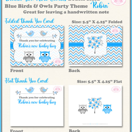 Blue Birds Owls Thank You Card Baby Shower Party Boogie Bear Invitations Robin Theme Printed