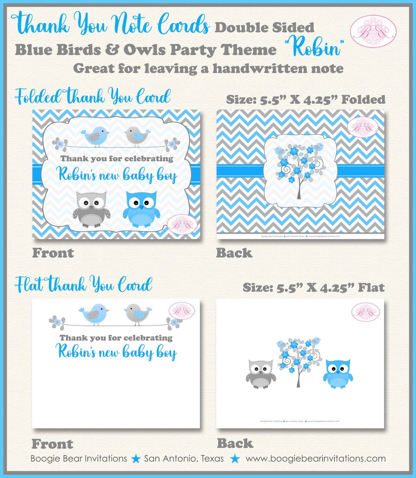 Woodland Birds Owls Boy Thank You Card Baby Shower Blue Boogie Bear Invitations Robin Theme Printed