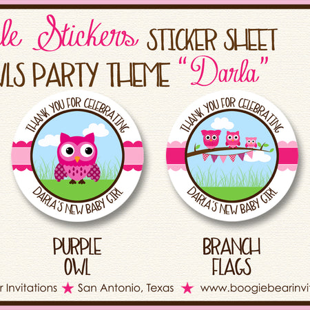 Pink Owls Baby Shower Party Stickers Circle Sheet Round Girl Boogie Bear Invitations Darla Theme