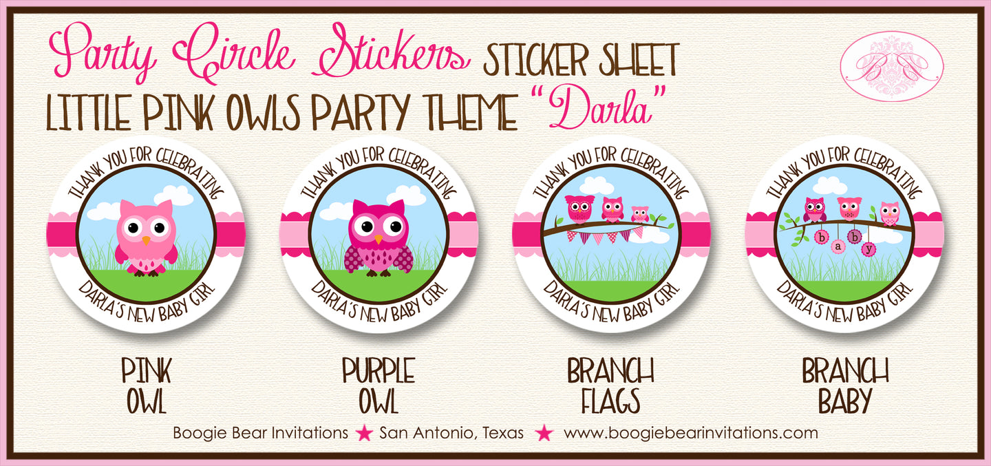 Pink Owls Baby Shower Party Stickers Circle Sheet Round Girl Boogie Bear Invitations Darla Theme