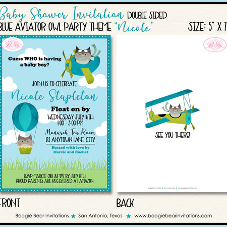 Blue Aviator Owl Baby Shower Invitation Party Airplane Boogie Bear Invitations Nicole Theme Paperless Printable Printed